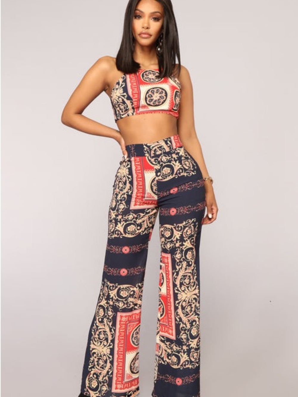 Fashion Nova Navy & Red Printed Wide-Leg Pants
